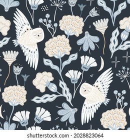 Seamless hight detailed floral texture with hand drawn owl. Bohemian floristic texture. Vector illustration