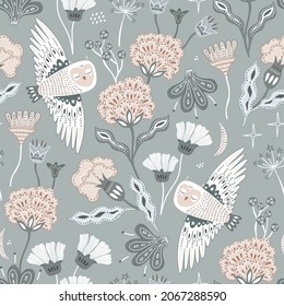 Seamless hight detailed floral texture with owls. Bohemian floristic texture. Vector pastel illustration