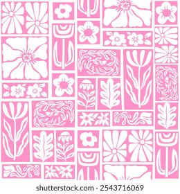 Patrón botánico de talla en madera sin fisuras con flores, hojas, Elementos florales. Textura monocromática artística floral para tela, textiles, papeles digitales. Ilustración vectorial