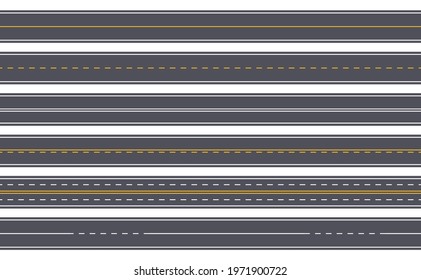 Seamless highway. Straight asphalt road with yellow and white markings. Horizontal urban city street. Empty top view roadway vector set. Construction with lanes for direction for transport