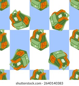 Seamless Hiking Backpack Pattern Design. Seamless pattern with cartoon green hiking backpacks and orange pockets. Hand-drawn flat style, checkerboard background in blue and white.