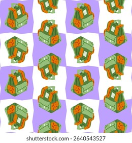Seamless Hiking Backpack Pattern Design. Seamless pattern with green cartoon hiking backpacks on a wavy lilac and white background. Flat style, outdoor adventure theme.