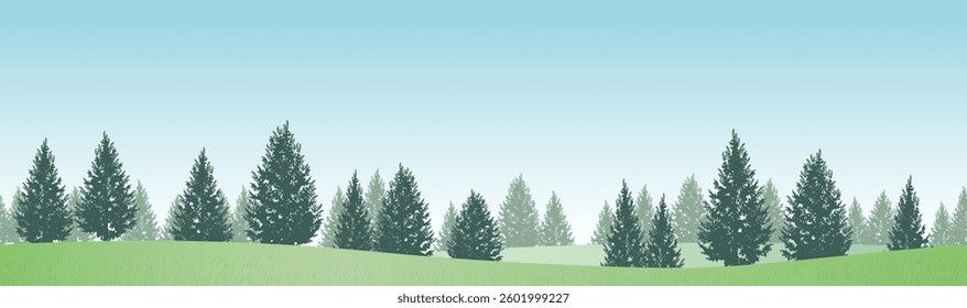 Seamless hilly Forest Landscape Vector Background Illustration. Horizontally Repeatable.