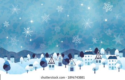 Seamless Hilly Landscape Vector Illustration With A Peaceful Winter Village And Text Space. Horizontally Repeatable.