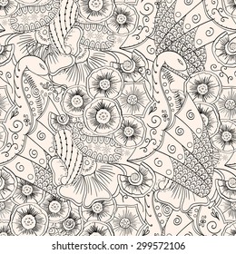Seamless hina mehndi tracery design. Paisley, winding stem, spiral, wave, bud mehendi doodle. Handmade natural mood texture. Curved lines, doodling design.