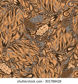 Seamless hina mehndi tracery design. Paisley, winding stem, spiral, wave, bud mehendi doodle. Handmade natural mood texture. Curved lines, doodling design.

