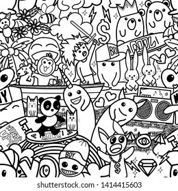 Seamless hiphop doodle vector background pattern diamond chain skateboard dollar sign graffiti white wallpaper snapback street vector rainbow lightning bat rabbit monkey love sun boy