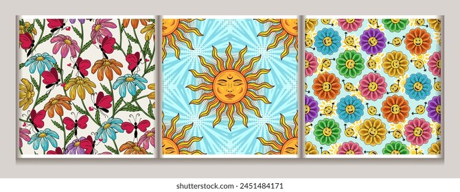 Seamless hippie style summer patterns with sun, chamomiles, emoji. Groovy, naive, hippie style. For apparel, fabric, textile, kids design.