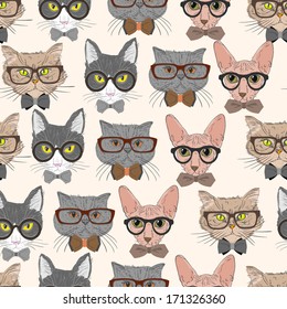 Seamless hipster cats pattern background vector illustration