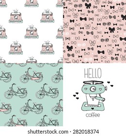 Seamless hipster coffee maker postcard cover template and toy camera bow tie and bike illustration background pattern in vector