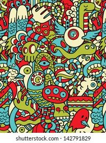 Seamless Hipster Doodle Monster Collage Pattern