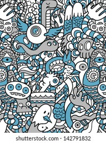 Seamless Hipster Doodle Monster Collage Pattern Monotone