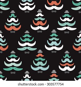 Seamless hipster dude mustache Christmas tree illustration holiday decoration paper background design or wrapping paper in vector