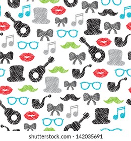 Seamless hipster element illustration mustache music background pattern in vector