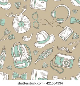 Seamless with hipster elements . hand drawn