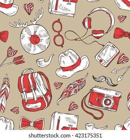 Seamless with hipster elements . hand drawn