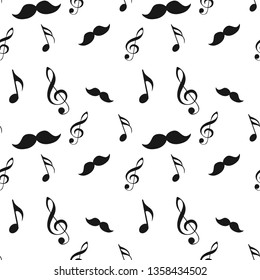 Seamless hipster illustration set with mustache music note and bow raw brush texture background pattern in vector