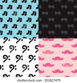 Seamless hipster illustration set with mustache music note and bow raw brush texture background pattern in vector