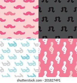 Seamless hipster illustration set with mustache glasses and music note raw brush texture background pattern in vector
