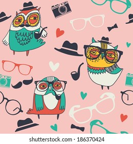 Seamless hipster owls pattern