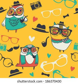 Seamless hipster owls pattern