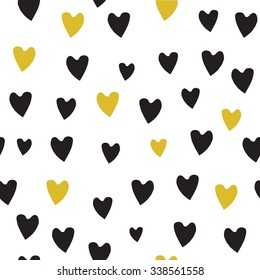 Seamless hipster pattern with hearts in gold and black