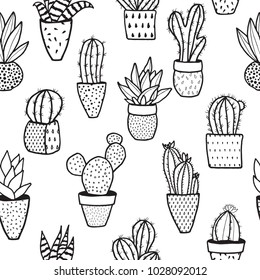 Seamless hipster pattern made of cactuses in flower pots. 