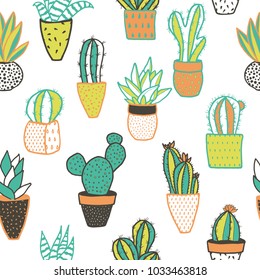 Seamless hipster pattern made of cactuses in flower pots. 