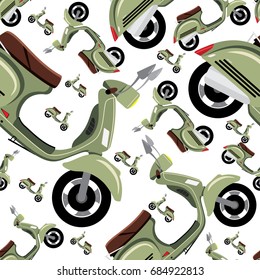 Seamless hipster pattern with retro motorcycle in white color. Modern fashionable background with vintage scooter. Cartoon hand draw style. Vector illustration