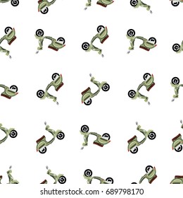 Seamless hipster pattern with retro motorcycle in white color. Modern fashionable background with vintage scooter. Cartoon hand draw style. Vector illustration