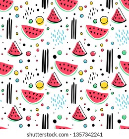 Seamless hipster pattern with watermelons and geometric figures.  
Summer wrapping paper, fabric, textile design. Black and white vector illustration. Bright background.
