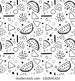 Seamless hipster pattern with watermelons and geometric figures. Black and white illustration.