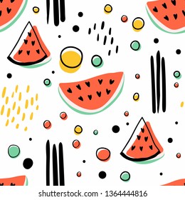 Seamless hipster pattern with watermelons and geometric figures. Bright summer background.  