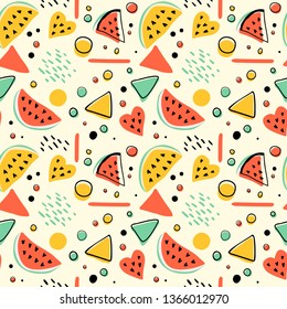 Seamless hipster pattern with watermelons and geometric figures. Bright summer background.  