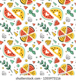 Seamless hipster pattern with watermelons, mint and geometric figures. Bright summer background.  