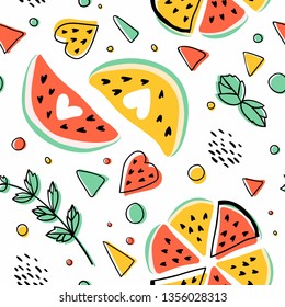 Seamless hipster pattern with watermelons, mint and geometric figures.Bright summer background.  