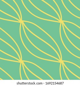 Seamless hipster pattern with yellow Cocoa beans at green background. Hand drawn vector illustration, graphics, monochrome.