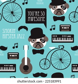 Seamless hipster style pug with mustache and music jazz instruments illustration background pattern in vector