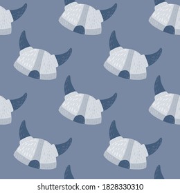 Seamless history pattern with scandinavian doodle helmets. Viking ornament in light tones on soft blue background. Great for fabric design, textile print, wrapping, cover. Vector illustration.
