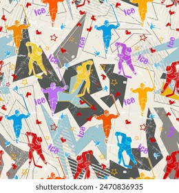 Seamless hockey seamless light gray pattern. Figures of children hockey players with sticks in attack. Vector illustration. 