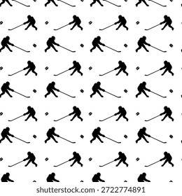 Nahtloses Hockeymuster mit schwarzen Silhouetten. Junge Hockeyspieler schießen Pucks mit Stöcken. Eishockey. Vektorgrafik auf weißem Hintergrund. Verwendung für den Druck auf Stoff, Banner, Kleidung usw.