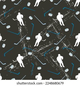 Seamless hockey pattern. Dark gray background with white silhouettes of hockey players and pucks.