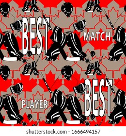 Seamless hockey pattern on a background with red maple leaves. Vector isolated hockey goalkeepers