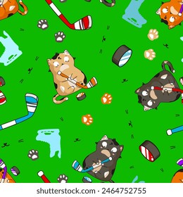 Seamless hockey pattern on a bright green background. Kittens playing ice hockey. Vector illustration 