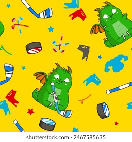 Seamless hockey pattern on a bright yellow background. Cute little dradons playing ice hockey. Vector illustration 