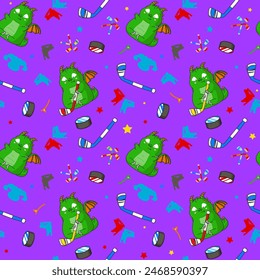 Seamless hockey pattern on a bright purple background. Hockey cute little dradons. Ice hockey. Vector illustration 