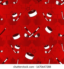 Seamless hockey pattern on a red background with maple leaves, hockey sticks and hockey pucks. 
