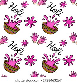 Seamless Holi festival vector pattern with colorful powder splashes and hands