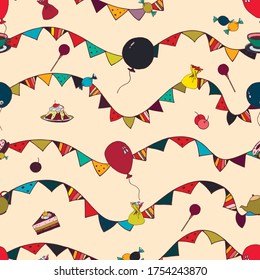 Seamless holiday background. Balloons, holiday flags, sweets, tea party.  Hand drawn doodle сelebratory background. Holiday Wallpaper. Cartoon print design. Colorful vector illustrations. 
