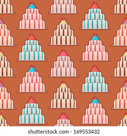 seamless holiday background with beautiful multicolored striped cakes with hearts. vector illustration 